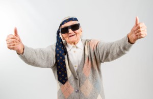 bohemian grandma with a tie on her forehead